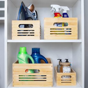 Cesta de almacenamiento de cosméticos de bambú rectangular con asa para baño, escritorio, organización del hogar - Product Image 2
