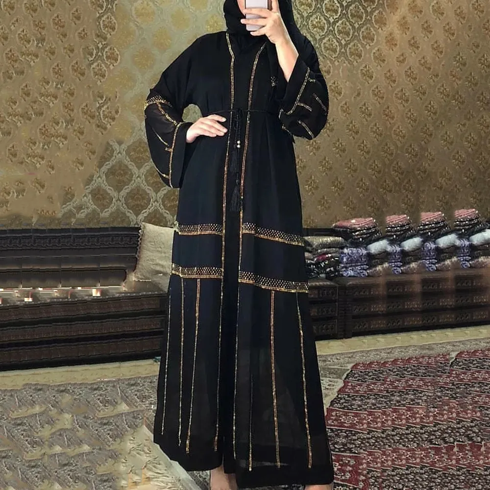 ชุดกิโมโนผู้หญิงมุสลิมมุสลิมมุสลิม2021,ชุดเดรส Djellaba สีดำ Abaya Dubai