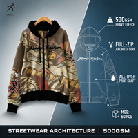 Sweat à capuche zippé intégral RAMAX Hiver Ample Double Couche 500GSM Noir Imprimé Intégral Streetwear Graphique Homme Personnalisé OEM ODM Vente en Gros Usine