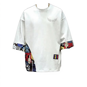 Oversized White Half Sleeve T-<b>Shirt</b> With <b>Patchwork</b> Print And Wing Logo Street Style Men's Casual Wear - Product Image 1