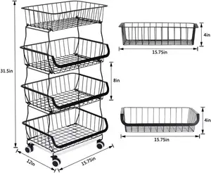 4 Tier Stackable Storage Baskets, Metal Wire Fruit Vegetable Basket Organizer Bins with Casters, Adjustable Anti Skid Feet