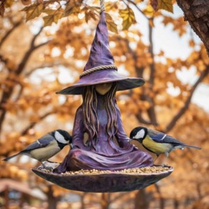Mangeoire à oiseaux en résine en forme de sorcière, 15x15x19cm, ornement suspendu durable pour l'extérieur, décoration d'Halloween - Product Image 1