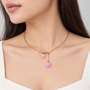 Collier à perles roses en acier inoxydable, perles en résine, plaqué or 14K sous vide, design fil de collier - Product Image 5