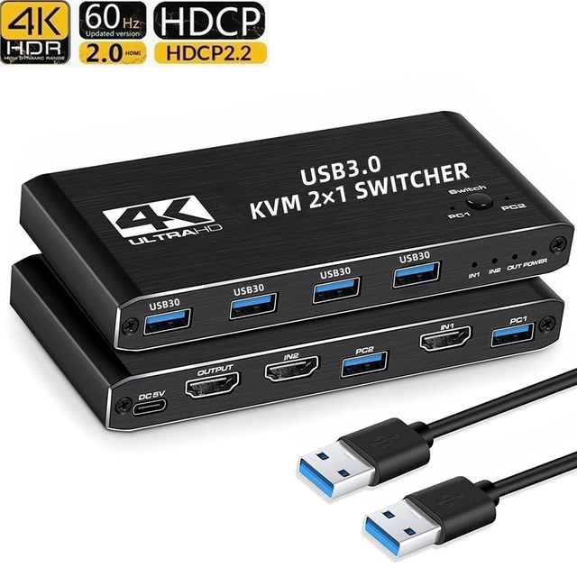HDMI KVM Switch 2x1 Splitter USB 3.0 KVM Switcher USB 2 in 1 Out 4K 60Hz for Computer Monitor Keyboard EDID PC HDCP 2.2