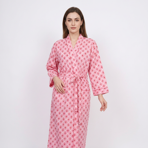 Pink Floral Print Cotton Robe Women Full Length V-neck Long Sleeve Breathable Front Logo Soft Casual Wear Spring Season - Product Image 1