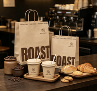 Sac fourre-tout en papier kraft personnalisé avec logo, fourni par l'usine, sac recyclable à poignée torsadée pour l'emballage de café et de produits de boulangerie