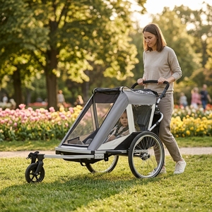 Remorque de vélo pliable 2-en-1 pour bébé et enfant, simple ou double siège, avec auvent en tissu Oxford et cadre en alliage d'aluminium - Product Image 1