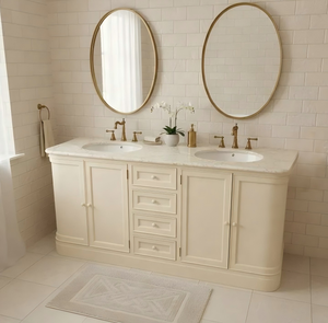 Mobile Bagno in Legno con Doppio Lavabo, Bordi Curvi e Piano in Marmo, Finitura Verniciata Resistente, con Specchio LED - Product Image 6