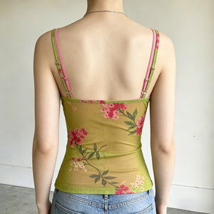 Retro Pure Style Sheer Floral Print Color Block Camisole for Women Vacation Style Pink Green Two in <b>One</b> Layered Tank <b>Top</b> - Product Image 5