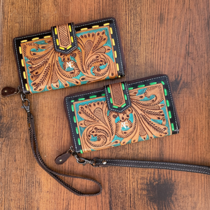 Cartera tallada a mano con patrón occidental, funda de teléfono de embrague, elegante Cartera de cuero multiusos para mujer - Product Image 1