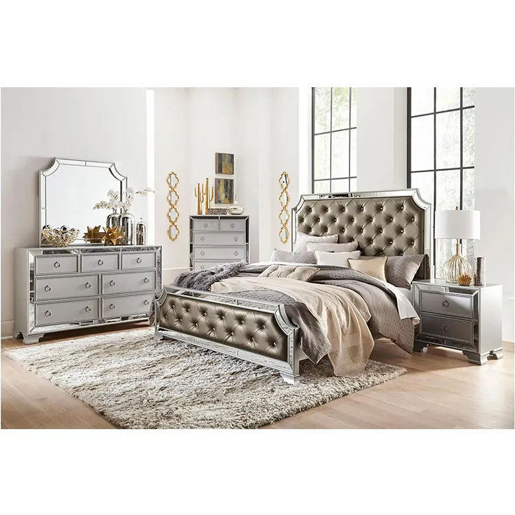 China Factory Silver Frame bedroom Furniture Mirrored modern style Bed set