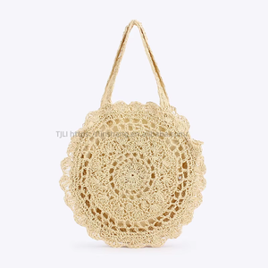 Bolso de playa de moda para mujer, tejido a mano con cuerda de papel, de hombro, con diseño hueco simple, dos flores, cierre de cremallera de poliéster, Tanjing - Product Image 6