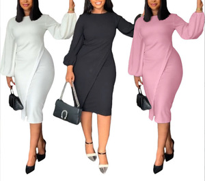 Vestidos plisados de color sólido con cuello redondo y mangas farol para mujer, a la moda - Product Image 1