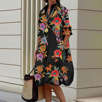 Robe chemise midi décontractée à col à revers, manches mi-longues, boutonnée, imprimé floral contrastant, poches, en polyester