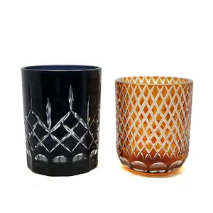 Fábrica feita de alta qualidade mão esculpida base de vidro vela jarra e difusor garrafa conjunto votivo vestidos de vela com tampa