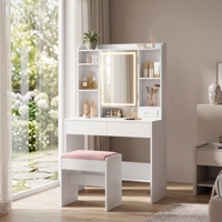 Coiffeuse de luxe en bois foncé avec miroir et tabouret, ensemble de table de maquillage moderne avec étagères ouvertes