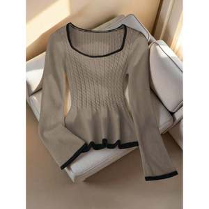 Pull en tricot à manches longues pour femme, col carré noir, bordure contrastée, pour l'automne - Product Image 2