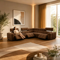 Canapé sectionnel électrique moderne avec lumières de lecture et console multimédia, canapé motorisé pour villa et home cinéma