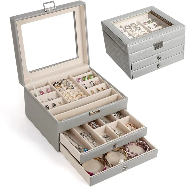 Factory supply grey color leather glass lid gift jewelry boxes storage with metal lock for jewelry display