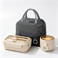 Boîte à lunch 2-en-1 en paille de blé 930ML+600ML, hermétique, compatible micro-ondes, avec bol à soupe, fourchette et cuillère intégrées, et sac repas