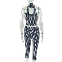 Ensemble 2 Pièces Sexy pour Femme : Haut Halter et Pantalon Moulant à Pois – Tenue Sportive et Streetwear