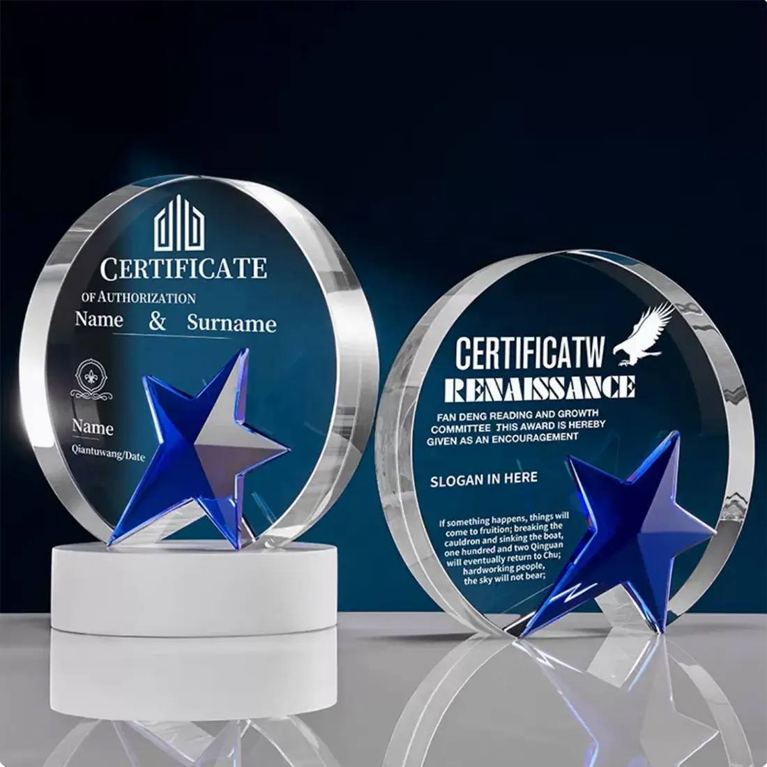Groothandel Op Maat Gemaakt Logo Ronde Vorm K9 Crystal Shield Trofee Glas Award Met Blauwe Ster Kristal Plaque Voor Souvenir Geschenken