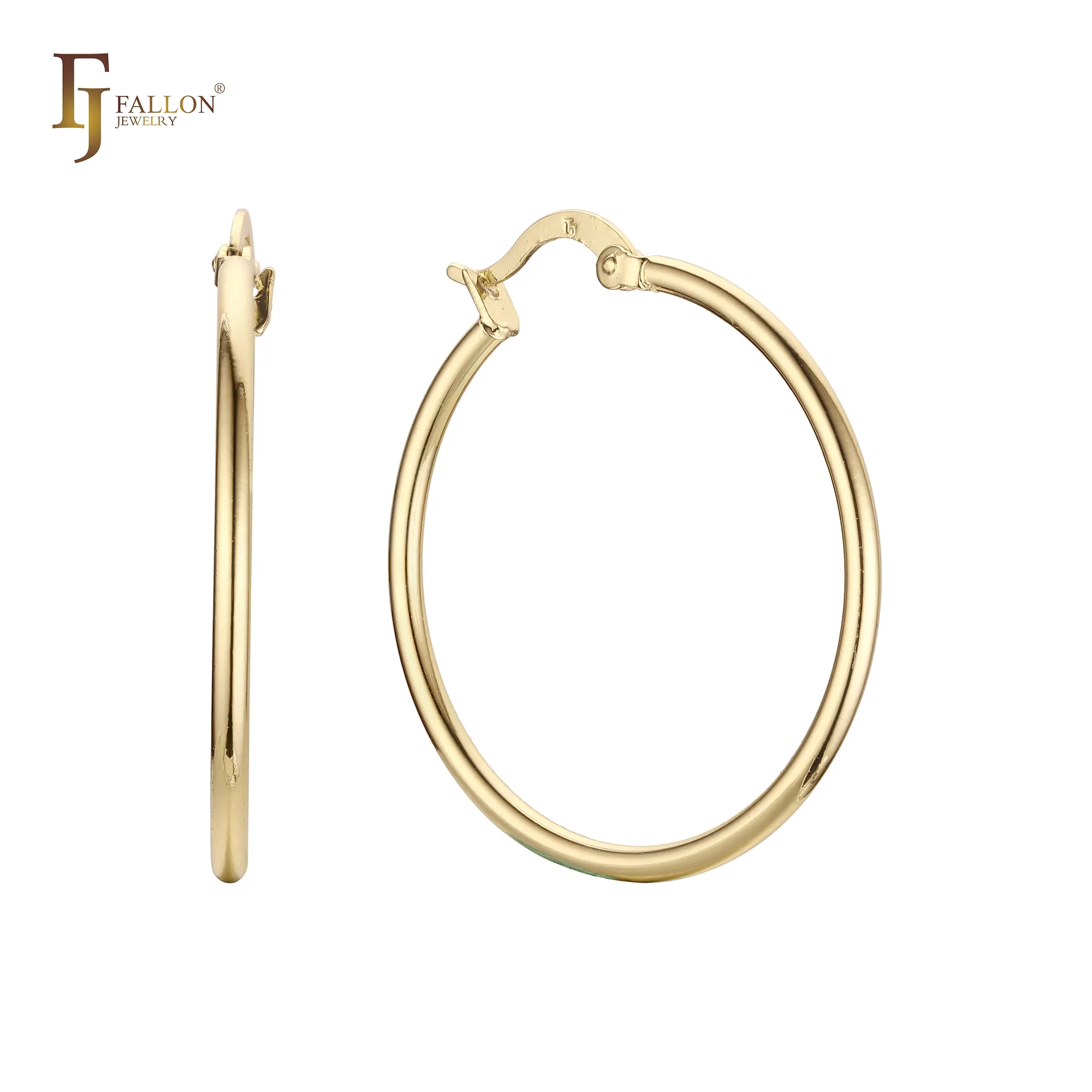52101004 FJ Fallon joyería de moda pendientes de aro redondos a presión clásicos chapados en latón dorado de 14 quilates