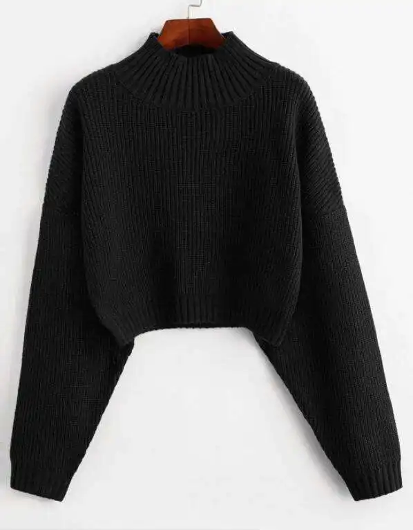 Sweater wanita lengan panjang, pakaian rajut atasan longgar leher sweater lengan panjang warna Solid