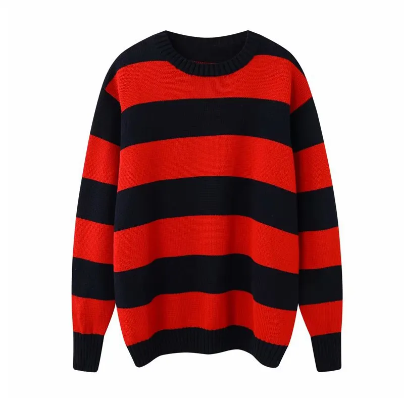 Autumn plus size loose crew neck women knitted pullover lazy long sleeve woman sweater knit black and red striped sweater