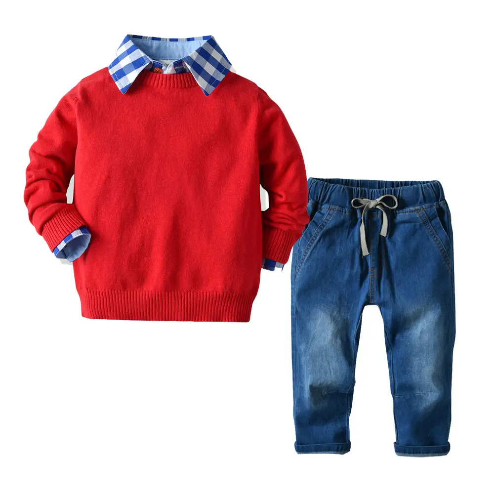 Kids Boys plaid Clothes Set Casual Children's Set Baby Boy knitted Sweater shirt Jeans Kids 3pcs christmas clothes Set