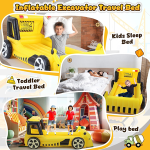 Cama inflable para niños con excavadora amarilla, cama de viaje para niños pequeños con parachoques de seguridad y colchón de aire, colchón de aire portátil con bomba - Product Image 4