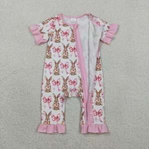 Pyjamas décontractés pour bébés filles et tout-petits en tissu peigné 95% coton à imprimé nœuds lapin de Pâques RTS Boutique, vêtements printemps-automne - Product Image 2