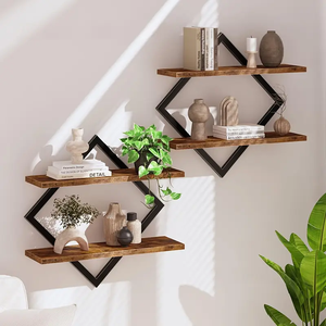 Ensemble de 4 paniers de rangement flottants vintage en fil métallique, robustes, en <span class=keywords><strong>bois</strong></span> <span class=keywords><strong>et</strong></span> <span class=keywords><strong>fer</strong></span>, à fixation murale pour salle de bain, <span class=keywords><strong>cuisine</strong></span>, salon, épices - Product Image 3