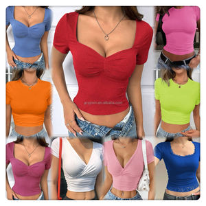 <span class=keywords><strong>Camiseta</strong></span> Corta de Algodón Acordonado de Moda de Alta Calidad, <span class=keywords><strong>Camiseta</strong></span> Corta Informal de Verano para Mujer, Estampada, Elástica, para Mujer - Product Image 1