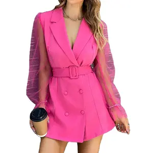 New Arrived Spring Sexy See-through Long Sleeve Suit Dress Double Breasted Waist Temperament Women Dress