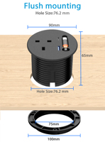 Centro de Energía Empotrable para Mesa con Cable USB-C Retráctil de 2m, Carga Rápida PD de 20W, Enchufe Empotrado para Escritorio, Ideal para Hoteles y Oficinas, OEM