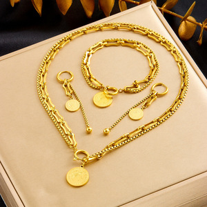 European American Style Retro Unisex Gold Plated Stainless Steel Coin Star Pendant Necklace <b>Bracelet</b> <b>Set</b> Gift - Product Image 5