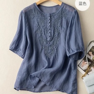 Women's Embroidered Round Neck Blouse Khaki Cotton Linen Loose Fit Vintage Style Everyday Wear - Product Image 3