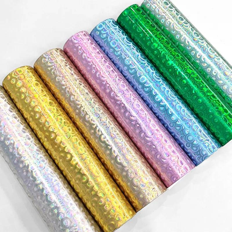 Manufacture Holographic Circle Pattern Laser Rainbow Faux Leather Fabric for Making Crafts/Handbags/Shoes