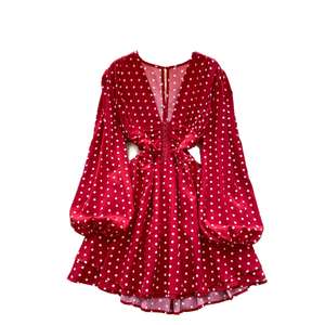 Red Polka Dot Chiffon <b>Mini</b> Dress V-Neck <b>Lantern</b> Sleeve Wrap Tie Back A-Line Loose Summer Party Romantic Style - Product Image 1