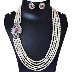 Luxury Multi-Layer Pearl <b>Necklace</b> Set with <b>Ruby</b> Red Stone Pendant and Matching Earrings Bridal Wedding Jewelry - Product Image 1