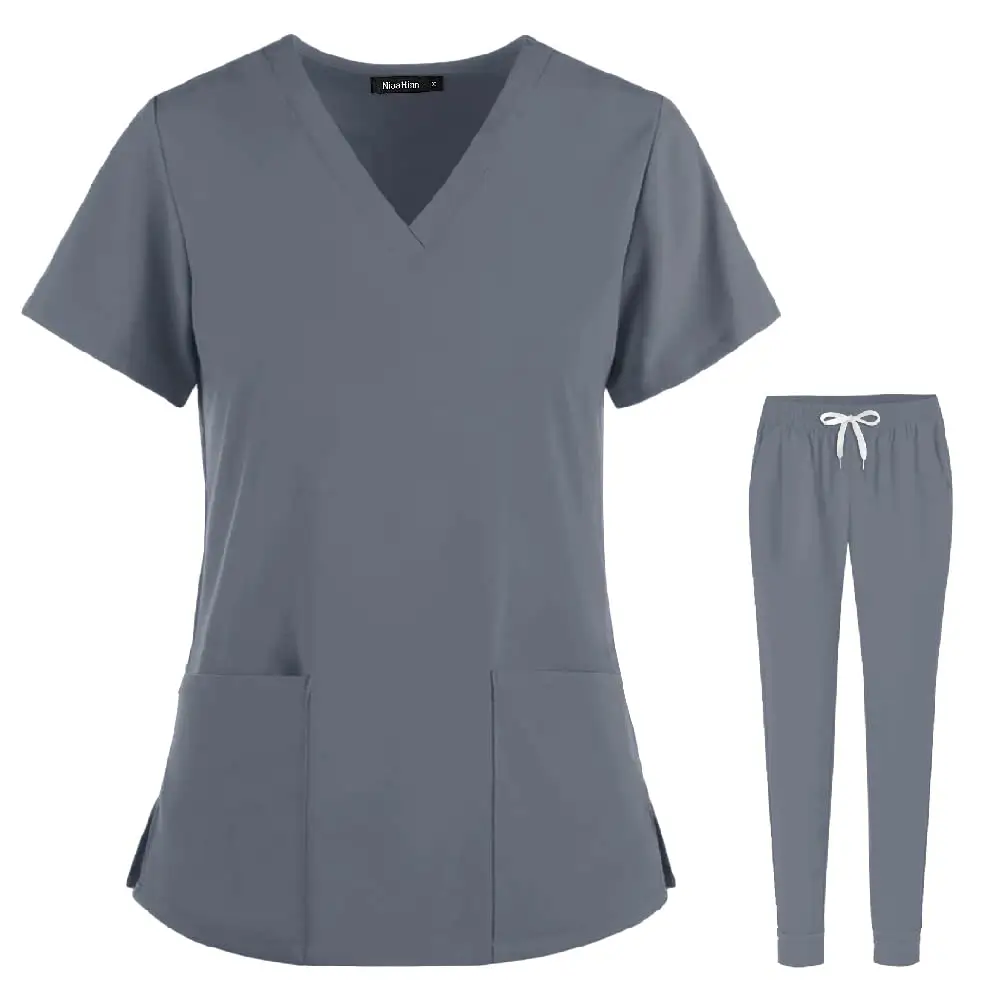 Medische Scrubs Set Voor Dames Joggers V-Hals Pocket Top Uniformen Atletische Stretch Set Werkkoord Trekkoord Broekspijpen