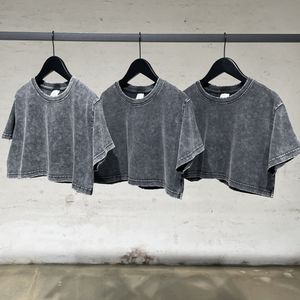 T-shirt Crop Top Ricamata con Lettere Vintage Personalizzata 305g da <span class=keywords><strong>Donna</strong></span>, <span class=keywords><strong>Nera</strong></span> Distressed con Collo a O, Lavaggio Acido, Taglia 2XL, Stile Ufficio - Product Image 2