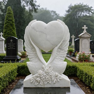 Изготовленные на заказ большие надгробия из гранита и мрамора с резьбой в виде крыльев и сердец для кладбищ - Product Image 1