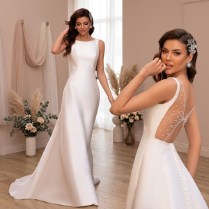 13495 #   Robe de mariée moderne de plage en satin écologique, sans manches, col rond, illusion, longueur ras du sol, taille naturelle, ornée de perles, photos réelles - Product Image 3