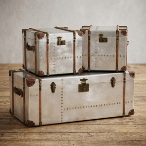 Chaman India Rustic <b>Metal</b> Galvanized Box <b>Trunks</b> Set of 3 - Product Image 2