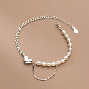 Elegante Pulsera de Plata de Ley 925 para Mujer con Colgante de Corazón, Perla Natural y Diseño de Doble Cadena de Oro de 14K, para Regalo o Fiesta - Product Image 2
