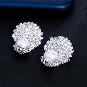 Chic Jewelry Silver Plated Full Sparkling CZ Cubic Zircon Pave Scallop Shaped Elegant Big Pearl Stud Earrings for Women Wedding