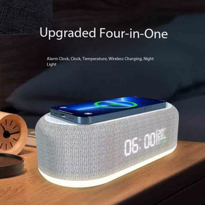 Station d'accueil de bureau avec alarme, chargeur sans fil, veilleuse, lampe de table, thermomètre, chargeur sans fil trois-en-un pour téléphone portable - Product Image 2