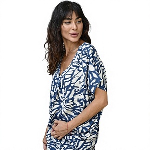 Indian Traditional Blue Printed Cotton MIDI Dress V Neck <b>Short</b> Sleeves Relaxed Fit Straight Silhouette <b>Kaftan</b> Dress For Women - Product Image 1